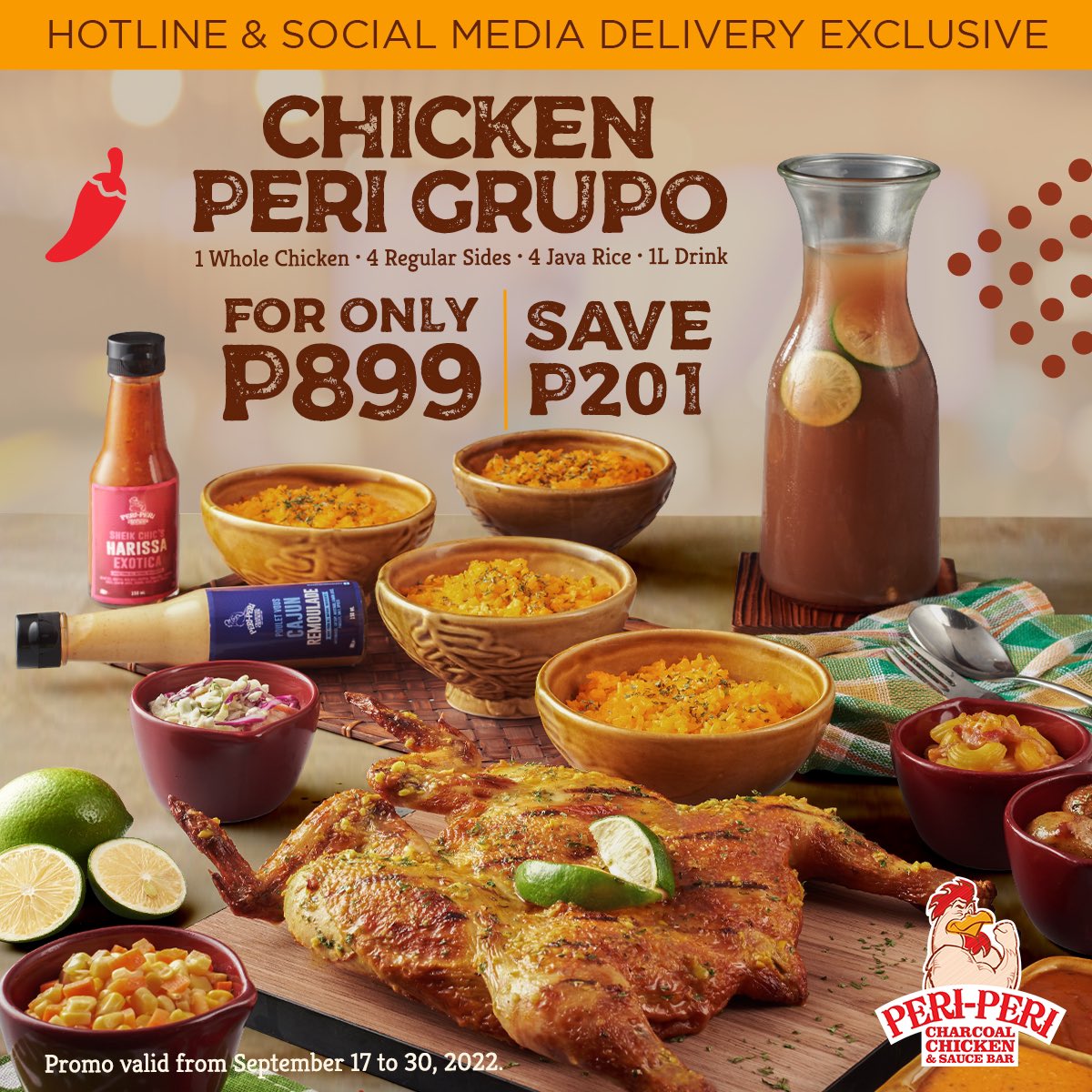 pericharcoalph's tweet photo. ‼️ONLINE &amp; HOTLINE DELIVERY EXCLUSIVE‼️
Craving savings? Peri Chicken Grupo now for only P899 🐔🌶🔥 ORDER NOW! 
📱 DIAL 7374-7374 or 0917-7747374
🔎 https://t.co/TVUhmHjWYe
💬 https://t.co/mmfzRdvaPq

#PeriPeriCharcoalChicken 🐔
#LetYourFlavorAdventureBegin 🌶 https://t.co/AzfCYRbF4J