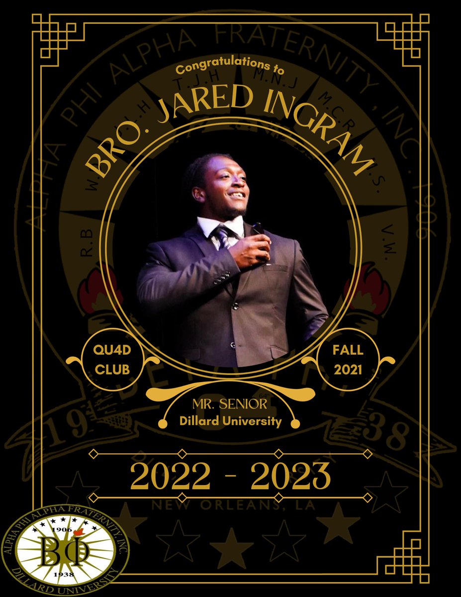 Please join us in congratulating our Brother, Jared Ingram, for being elected as the 2022-2023 Mister Senior of Dillard University!!

We are excited for what you and the <a href="/DU_RoyalCourt/">Dillard University Royal Court 👑</a> have to offer to the <a href="/du1869/">Dillard University</a> community.

#ManlyDeeds
#FightToTheFinish🥊