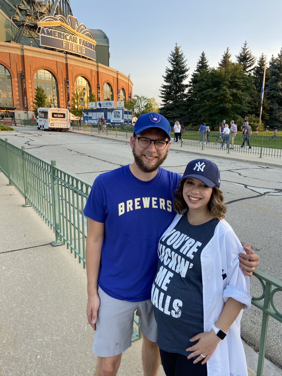 EmmaLeeann17's tweet photo. We make the marriage work 😉 So excited my Yankees are finally in MKE! Also, baby’s first Yankees AND Brewers game! #ToyotaPinstripePride #9monthspregnant #letsgoyankees https://t.co/PsNV2lz8th