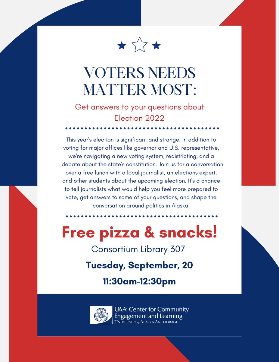 Have questions about the upcoming election? This UAA event is open to the public. Join @JLee907 and me on Tuesday, eat pizza, talk politics, eat more pizza.