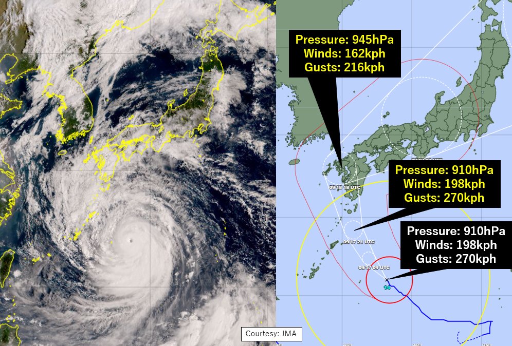 #Nanmadol has intensified to a VIOLENT #typhoon with the central pressure of 910hPa. It seems it will likely maintain its intensity and approach Southern Kyushu. 

No typhoons with pressure below 925hPa have made landfall in Japan since reliable records started in 1951!!!