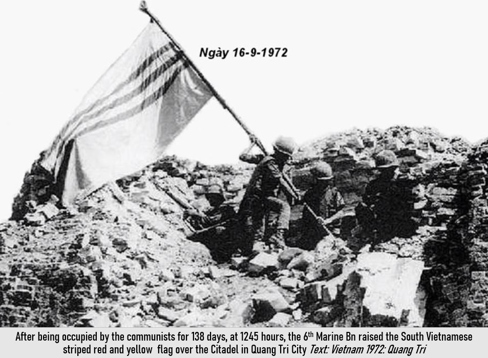 WarsIndo's tweet photo. After being occupied by the communists for 138 days, at 1245 hours on 16 September 1972, the 6th Marine Bn raised the South Vietnamese flag over the Citadel in Quang Tri City #VietnamWar #EasterOffensive https://t.co/8lZveQC8CL