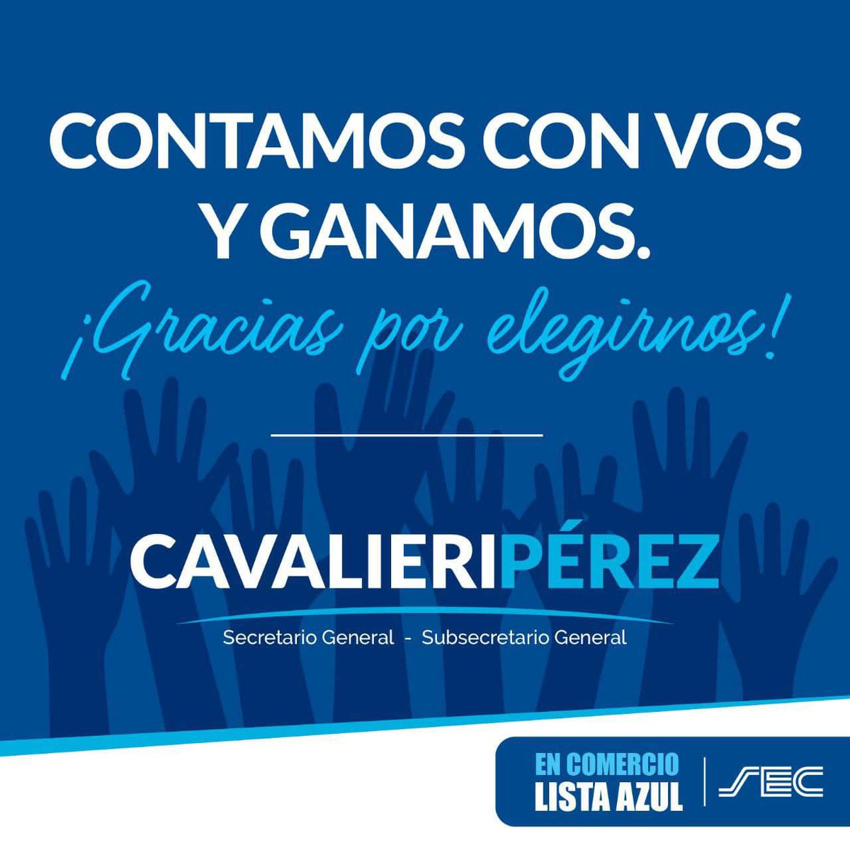 ¡Contamos con vos y ganamos! 🔵

Simplemente, ¡gracias! Los/as afiliados/as se expresaron multitudinariamente en las urnas y eligieron a la <a href="/ListaAzulSEC/">Lista Azul SEC</a>
Con la fórmula del triunfo Secretario General, Armando Cavalieri y Subsecretario Carlos Pérez para conducir nuestro gremio