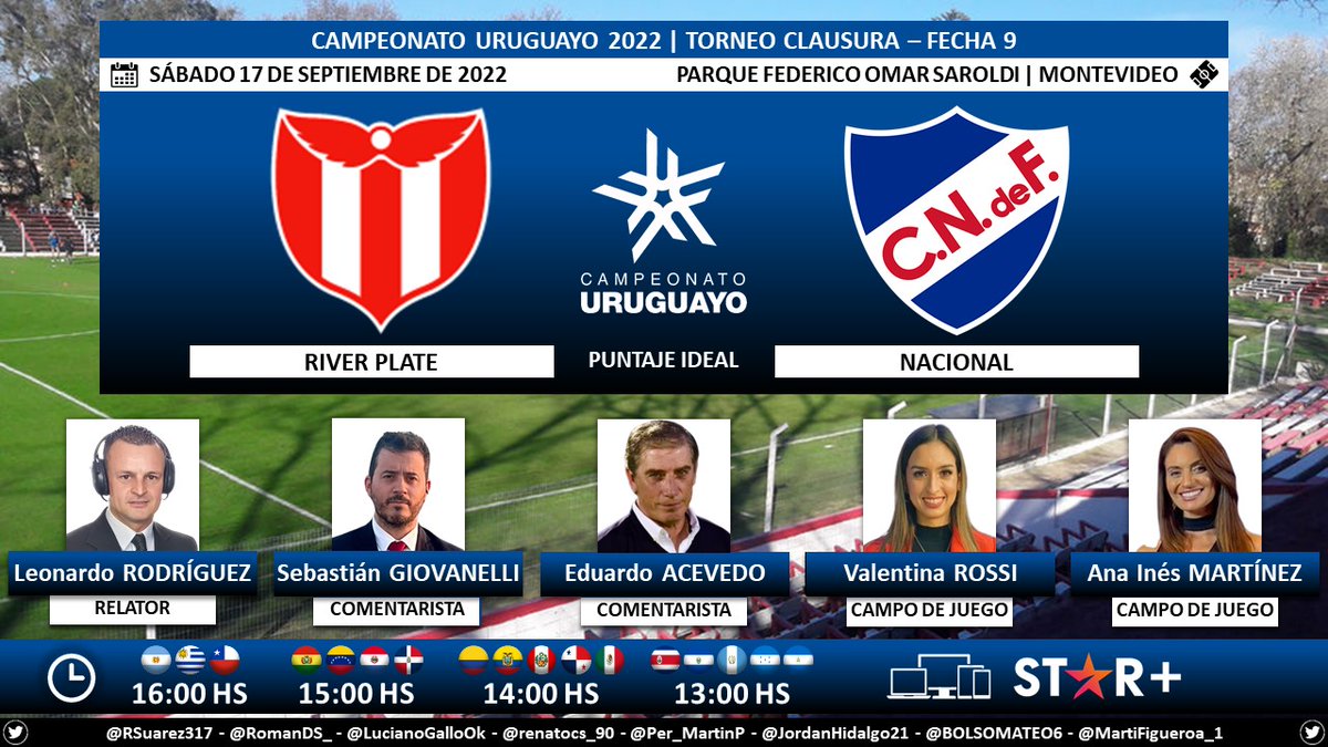 Puntaje_Ideal's tweet photo. ⚽ #Clausura2022 🇺🇾 | #RiverPlate vs. #Nacional
🎙 Relator: @LeoRodriguez82
🎙 Comentaristas: @SebasGiovanelli y Eduardo Acevedo
🎙 Campo de juego: @ValentinaRoossi y @AnaInesMartinez
💻📱 @StarPlusLA Latinoamérica
🤳 #CampeonatoUruguayo - #AUF - #ESPNenStarPlus  
Dale RT 🔃 https://t.co/I4QPA5bTdX