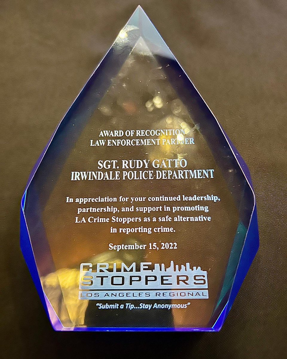 R_V_Gatto's tweet photo. I am honored to have been selected by LA Crime Stoppers as their 2022 Law Enforcement Partner at last night's Award Gala in Pasadena. This outstanding organization provides the community with a safe and anonymous way to report crime. Learn more about them at @LACrimeStopper1. https://t.co/TUGQs1OkHW