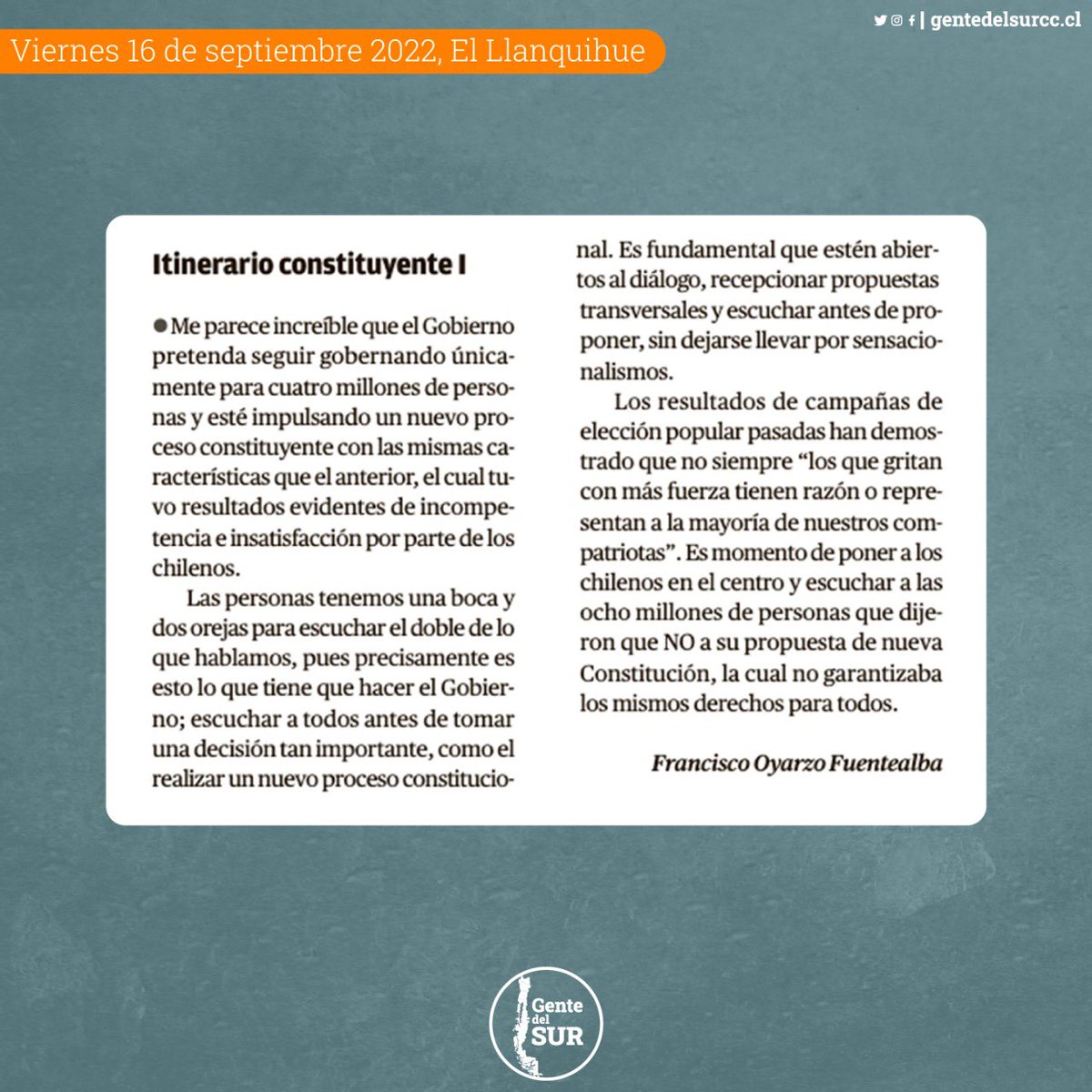 Carta al director por Francisco Oyarzo, 🗞 Diario El Llanquihue. 
¡El Gran Itinerario Constituyente!