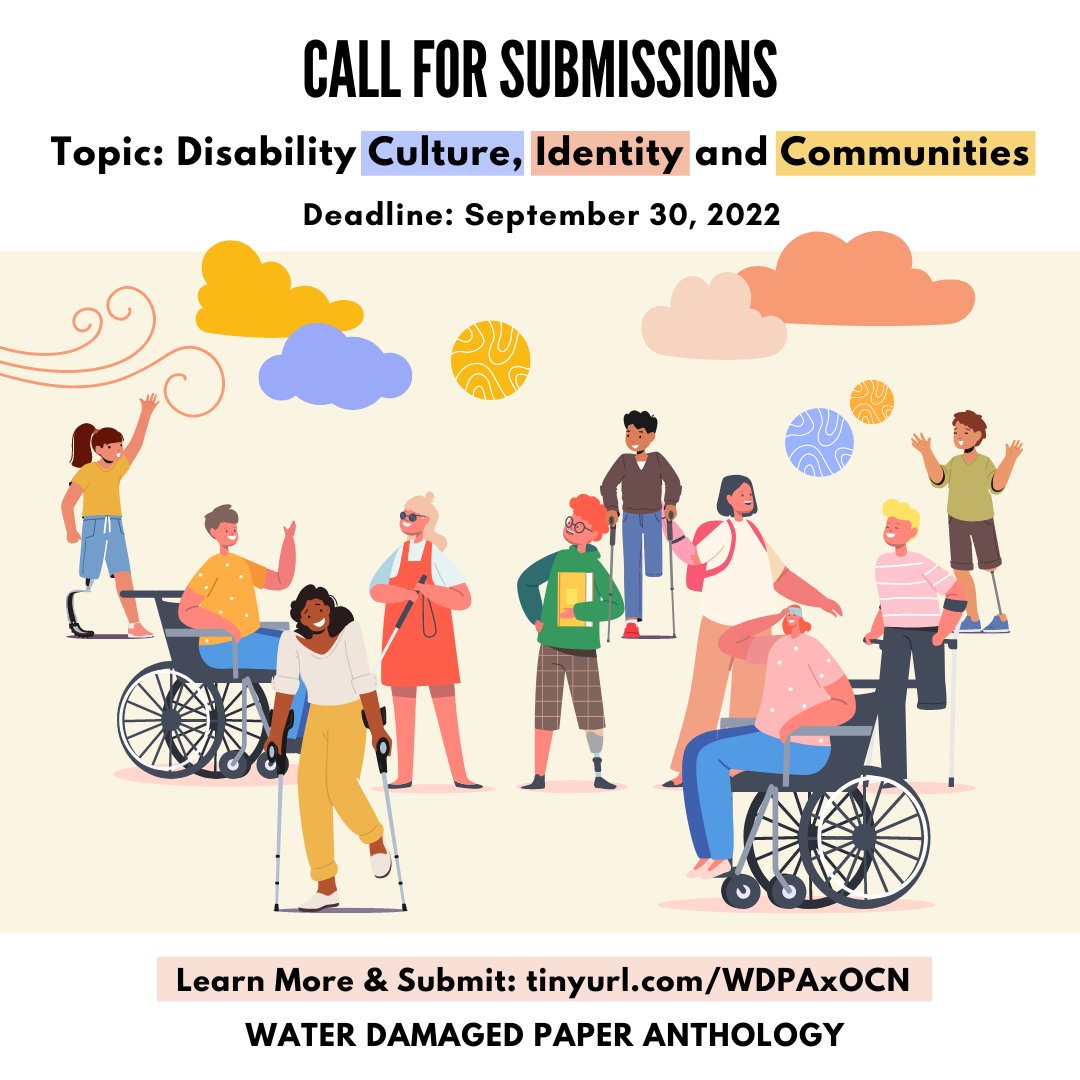 Thrilled to share that the Water Damaged Paper Anthology is open to submissions for Volume 3! 😊 Submit your writing and/or artwork by September 30, 2022 @ 11:59pm (Pacific Time) for a chance to be published. Please see prompts &amp; details at tinyurl.com/WDPAxOCN &amp; share!