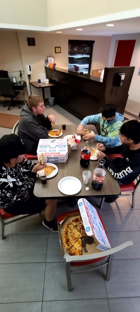 Boy volleyball team is in swift current for a tourney.  Always time for pizza and bonding!