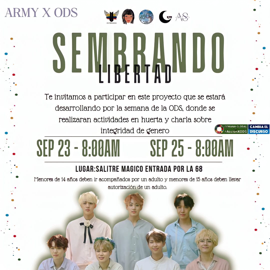 armywingscol's tweet photo. #ARMYColombia los invitamos a asistir al proyecto sobre las ODS junto a @BTSMyWings_Col, @nahominietod, Korea en Colombia, @KTH_Col

Más información en la imagen
Formulario: https://t.co/5Zf6QAaoRB

¡Te esperamos!
#ARMYxODS #AccionODS https://t.co/OD3bx0xm3j