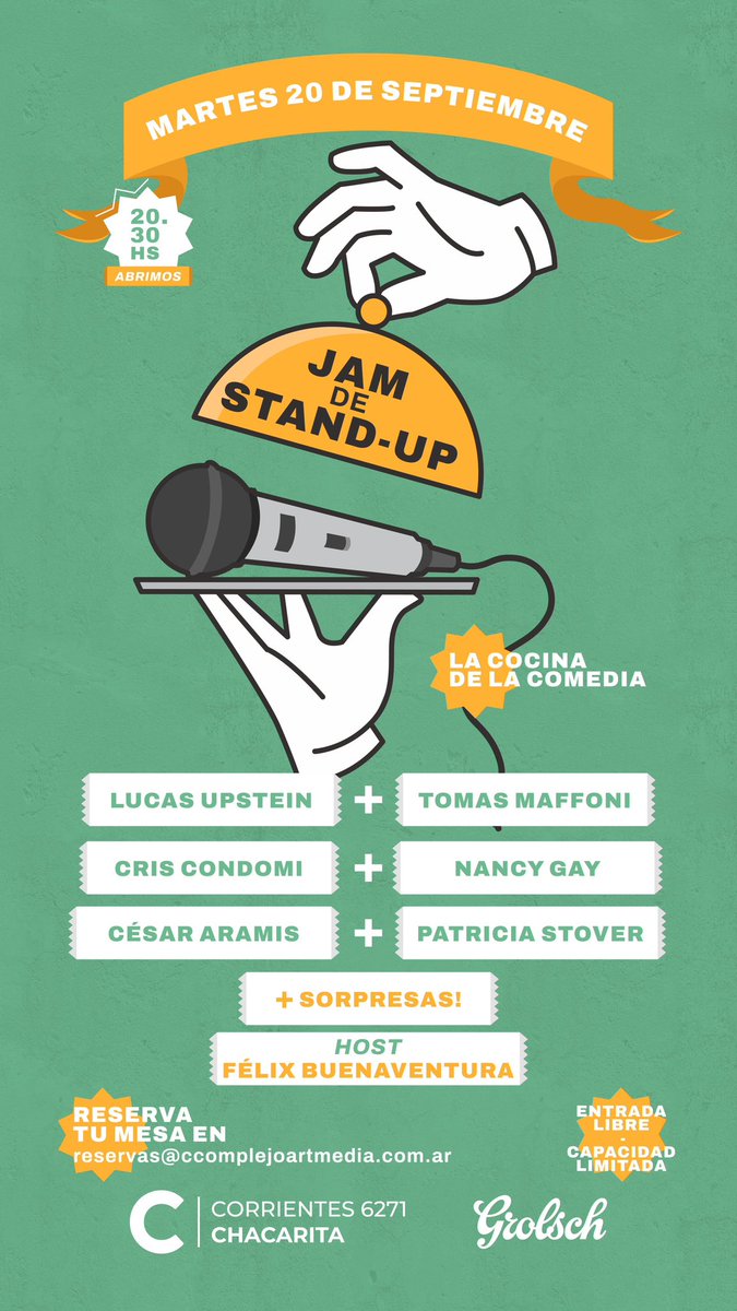 JAMdeStandUp's tweet photo. El próximo martes 20 hay #JAMdeStandUp en el #CComplejoArtMedia
Se suben al escenario @luupstein + @CrisCondomi +@TomiMaffoni + @PatoStover+ @CesarAramis + #NancyGay + Sorpresas!
Nuestro Host: @FelixBuenavelix !
A partir de las 20:30 los esperamos en el Av. Corrientes 6271. https://t.co/8SOsANZfAb