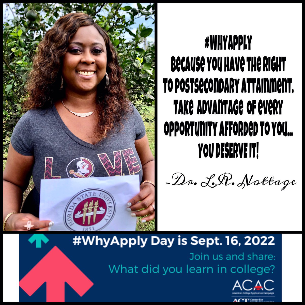 DrNottage's tweet photo. It’s Why Apply Day! 🎓🎓🎓
The @ACTEquity initiative encourages students to apply for post-secondary education and leaders to share the opportunities a college experience provided them. Join me &amp; share your story! #WhyApplyDay #ReachHigherPOLK #EquityandAccess #NoleBlooded https://t.co/dMiVGF7rXM