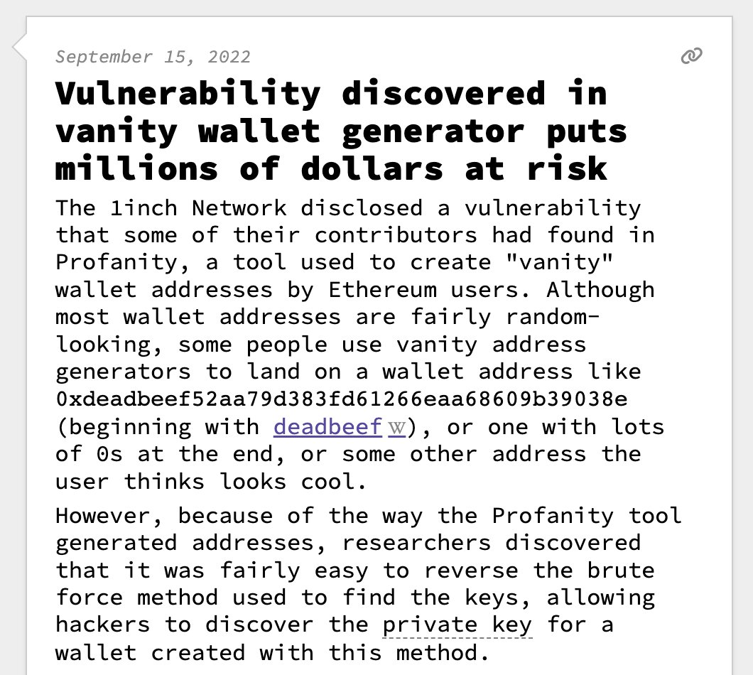 web3isgreat's tweet photo. Vulnerability discovered in vanity wallet generator puts millions of dollars at risk

September 15, 2022
https://t.co/o98lNrbdf1 https://t.co/OSWeu7DSqT