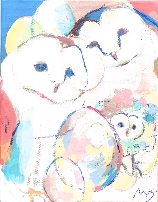 新作のご紹介「透明なタマゴ」という題の絵です。有り難くもご売約いただきました。開催中の個展にてご覧いただけます。#メンフクロウ 