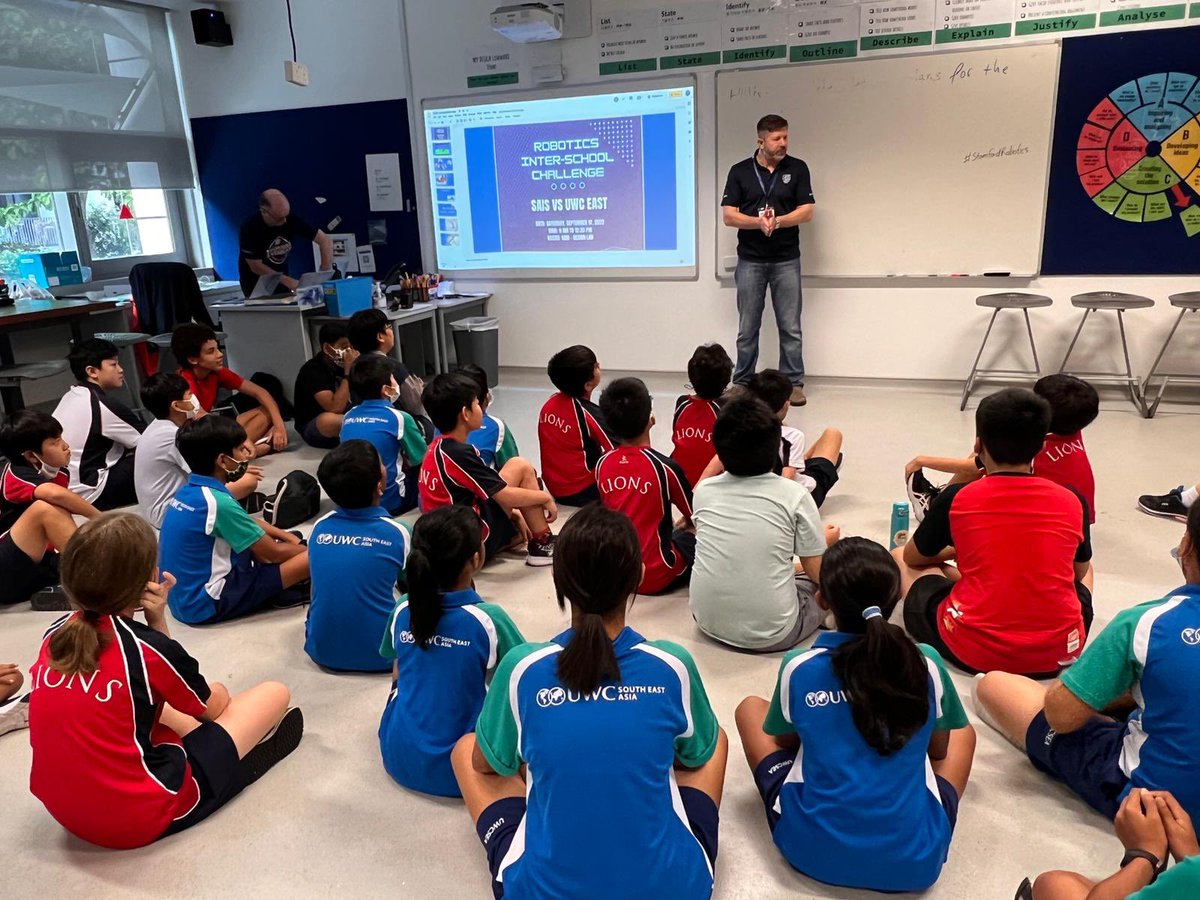 Excited to see <a href="/aishakrist/">Aisha</a> and <a href="/TheRealMrHeino/">Kustave Heino</a> kick off a friendly #lego #Robotics competition - go Lions! #SAISrocks