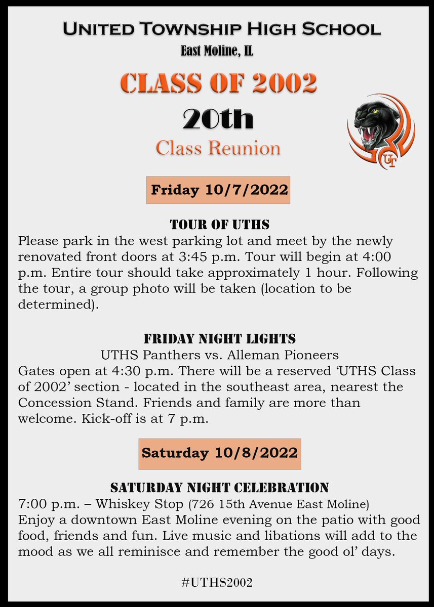 uths2002's tweet photo. **ATTENTION UTHS CLASS OF 2002**
Here are more details regarding our 20th Reunion Weekend October 7th and 8th 2022. More information will be shared throughout the next few weeks.
Thank you so much and I look forward to seeing everyone! https://t.co/29TXHATCc5