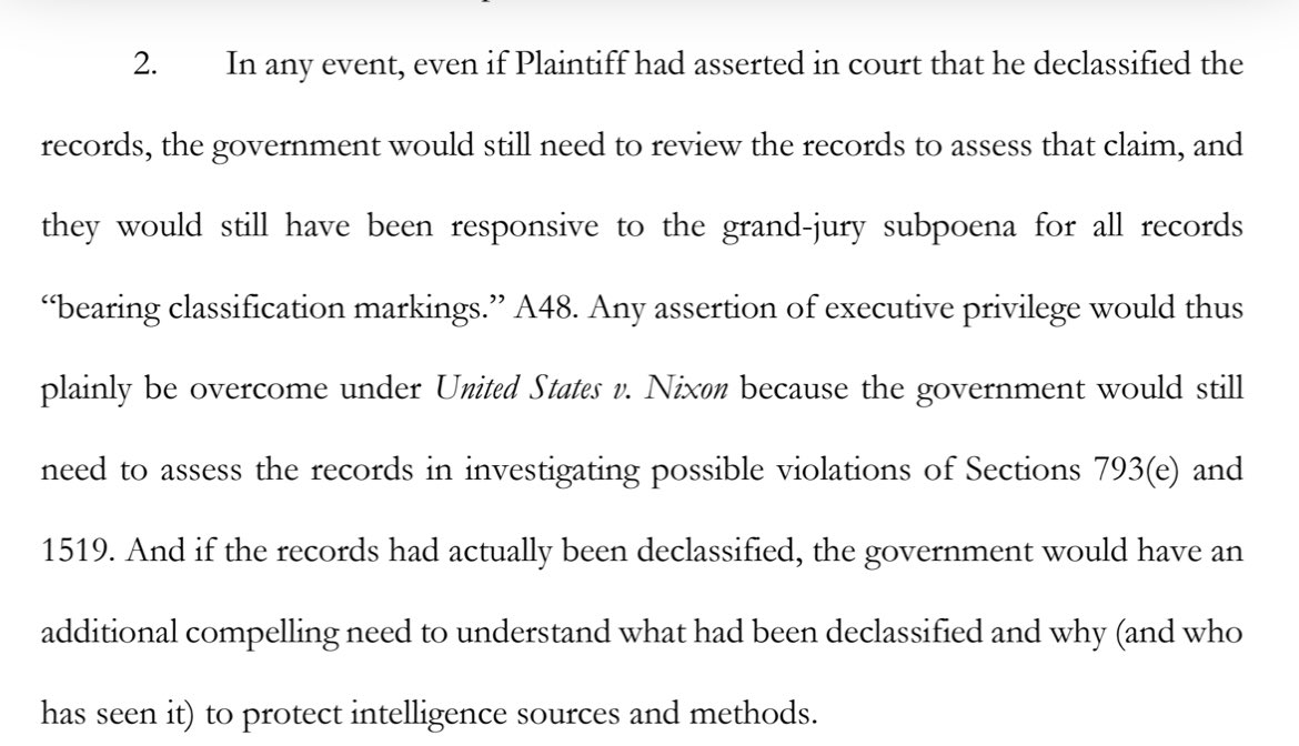 JoyceWhiteVance's tweet photo. And even if Trump had declassified the documents, he still wouldn't win. The government is still entitled to use them to assess violations of criminal laws under US v. Nixon. https://t.co/5GGSolLLVI