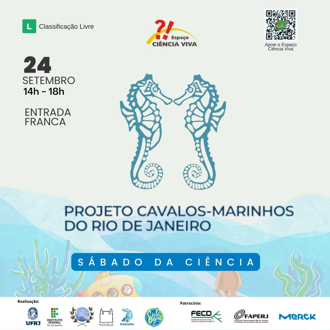 ecienciaviva's tweet photo. A #exposição "Cavalos-marinhos: sinta-se parte do oceano" traz elementos que buscam a conexão do público com esse animal tão carismático e desconhecido, através de diversas atividades interativas e explicativas.
Dia 24/09, no Sábado da #Ciência!
Compartilhe! #eventosrj #errejota https://t.co/wfvWxCqQp0