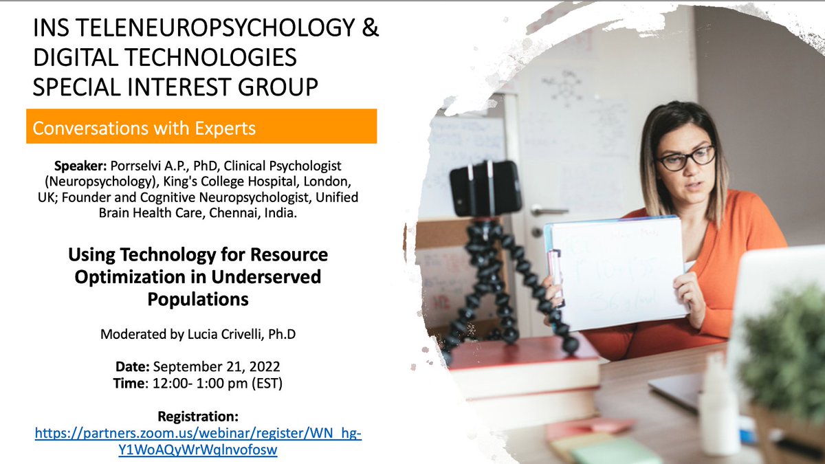 Atención Neuropsicólogos! Conversaciones con Expertos: Utilización de la tecnología para la optimización de recursos en poblaciones marginadas inscribirse con este link partners.zoom.us/webinar/regist…
@ytquiroz <a href="/Teleneuropsych/">Teleneuropsychology</a> <a href="/INSneuro/">INS</a> <a href="/kanelld/">Dr. Dora Kanellopoulos</a> <a href="/DrMonicaOganes/">Dra. Mónica Oganes</a> <a href="/UbhCare/">Porrselvi A.P., Unified Brain Health Care</a> <a href="/PSunderaraman/">Preeti Sunderaraman, PhD</a>