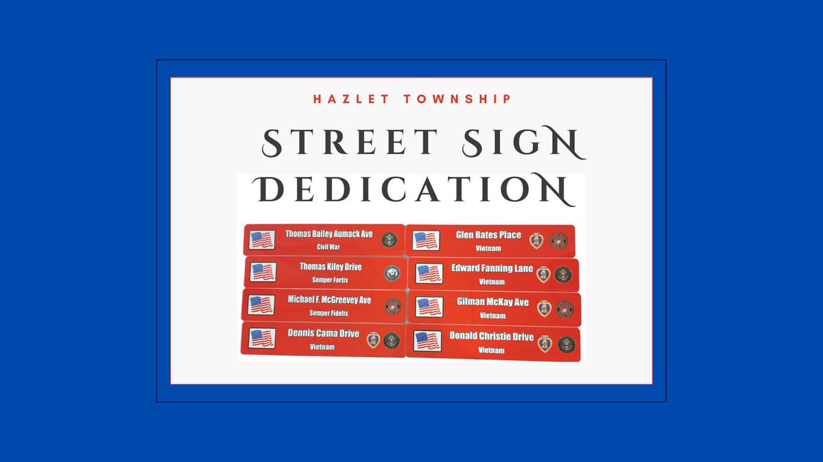 On Sat., Sept. 17 we will dedicate red street signs in honor of Hazlet residents who died in service. Join us at:
- 12:15 pm: Stanford & Fleetwood Drive
- 12:45 pm: Amherst La & Middle Rd
- 1:15 p.m.: Willowbrook Dr & Hazlet Ave. 
#Never forget #HazletNJ