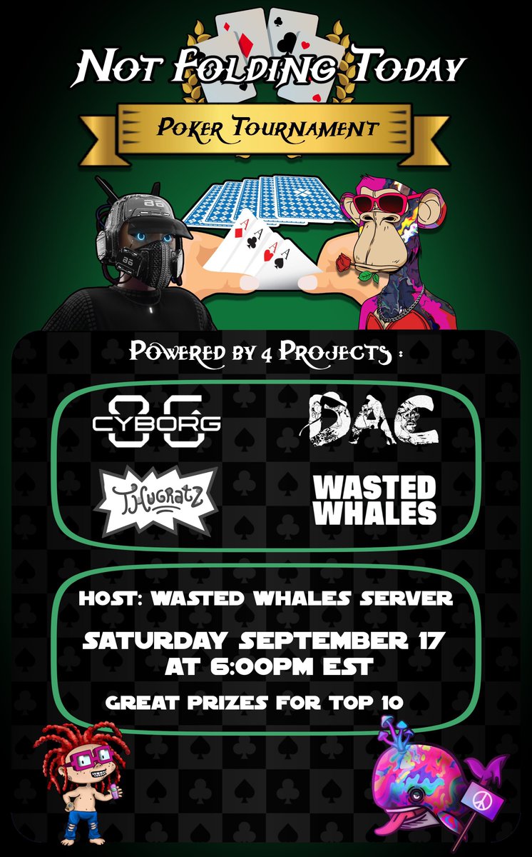WastedWhales's tweet photo. Registration is now open for the Not Folding Today poker tournament tomorrow @ 6pm EST hosted by @WastedWhales Free to enter and great prizes for the winners! Ya holdin or foldin?! https://t.co/WSoi7p829U https://t.co/I6uKXsieV0