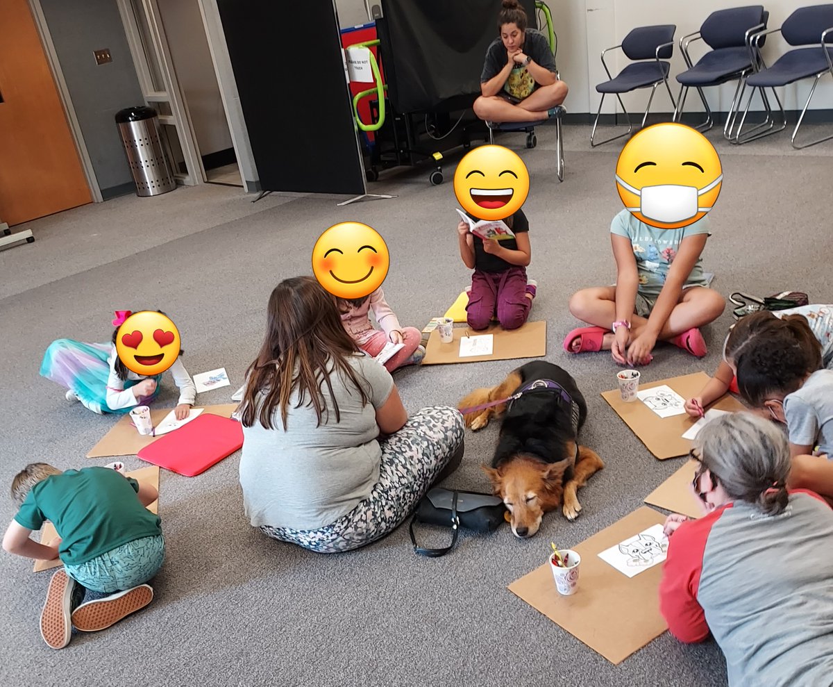 pistachiopoet's tweet photo. we had a #PAWSforReading event today!!! There is nothing more wholesome than kids reading books (and taking turns reading out loud) to a doggo! - There were also a TON of coloring pages and fun to be had by everyone in the room - !!! https://t.co/jek3oOeyIb