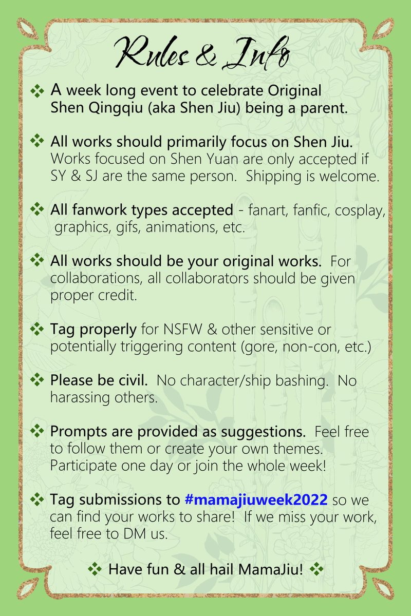Come one, come all! 

Join us Nov 14 - Nov 21 for #MamaJiuWeek2022.  Mama, Baba, responsible guardian, it's what's inside that counts. Let's celebrate the joys of Shen Jiu being a parent!

#shenjiu
#mamajiu
#svsss
#人渣反派自救系统