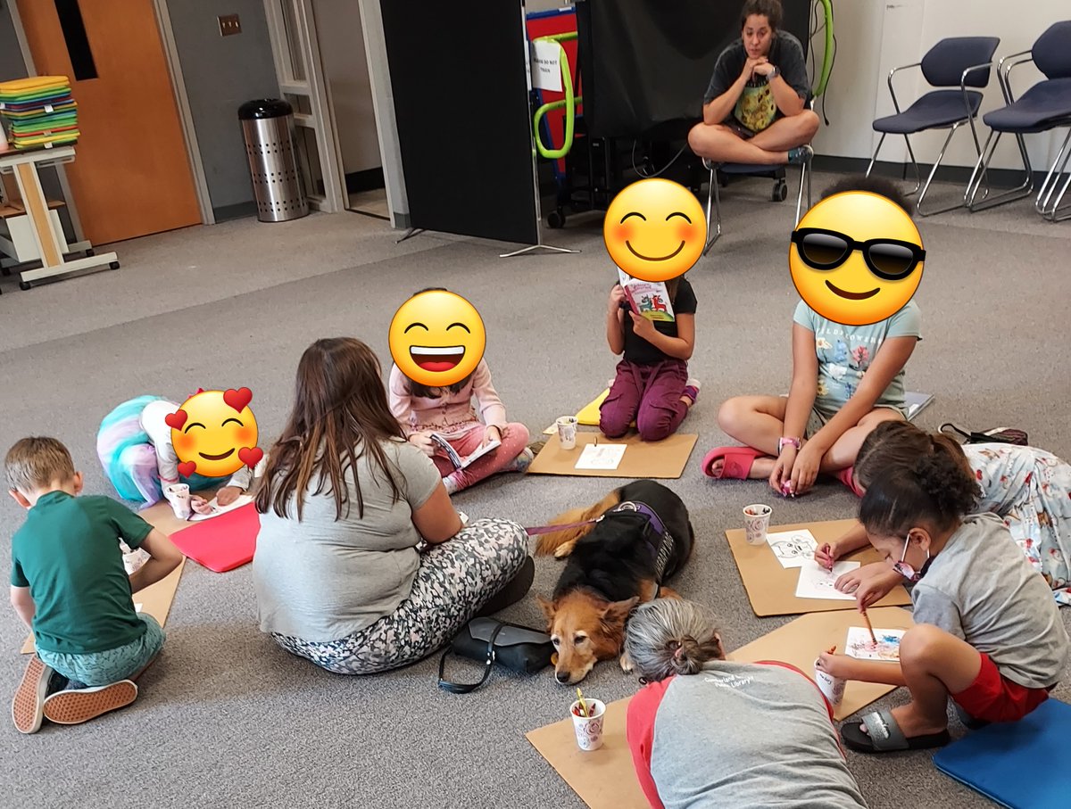 pistachiopoet's tweet photo. we had a #PAWSforReading event today!!! There is nothing more wholesome than kids reading books (and taking turns reading out loud) to a doggo! - There were also a TON of coloring pages and fun to be had by everyone in the room - !!! https://t.co/jek3oOeyIb