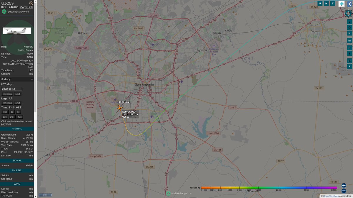 steffanwatkins's tweet image. 🇺🇸 American-registered Dornier 328-300 #N359SK, owned by Ultimate Jet Charters, departed on their first leg from #LacklandAFB's Kelly Field #KSKF at 13:03Z, using call sign #UJC59. Landed at Bob Sikes Airport #KCEW (in Florida) at 14:50Z.
globe.adsbexchange.com/?icao=a407d6&amp;amp;l…