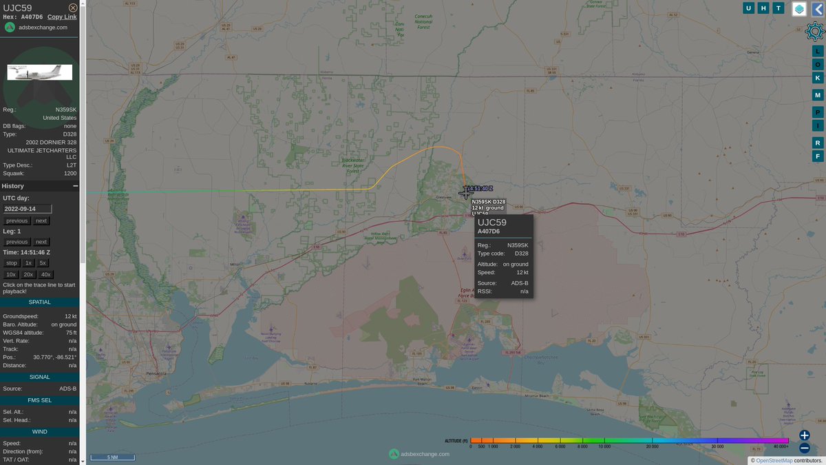 steffanwatkins's tweet image. 🇺🇸 American-registered Dornier 328-300 #N359SK, owned by Ultimate Jet Charters, departed on their first leg from #LacklandAFB's Kelly Field #KSKF at 13:03Z, using call sign #UJC59. Landed at Bob Sikes Airport #KCEW (in Florida) at 14:50Z.
globe.adsbexchange.com/?icao=a407d6&amp;amp;l…