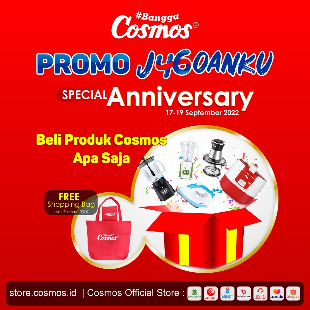 cosmosonline's tweet photo. PROMO KHUSUS ANNIVERSARY COSMOS ke 46 Tahun
Beli produk apa aja gratis shopping bag.Buruan cek marketplace kesayangan kamu.
Jangan lupa share promo anniversary ini ke semua ya!
#BanggaCosmos #PromoCosmos #CosmosHut46 #CosmosJ46oanku #Cosmos4everu6eneration #PromoSeptember https://t.co/11M3ohu0ff