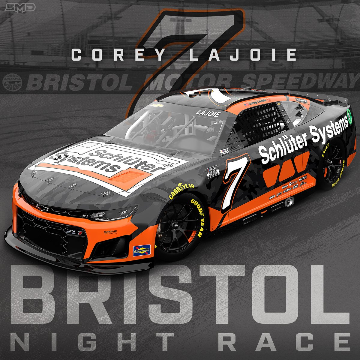 Don't miss @NASCAR Cup Series racing action tomorrow night as @CoreyLaJoie pilots the #7 @schluterNA Camaro under the bright lights at @BMSupdates 🏁🤜🤛

📺 USA Network // #BassProShopsNightRace // 7:30 PM EST

@SpireMotorsport  #NASCAR #PaintSchemeDesign #BristolBaby