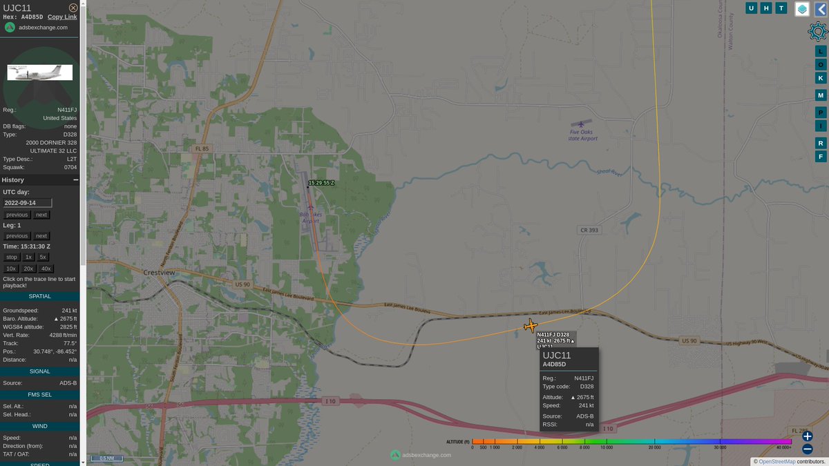 steffanwatkins's tweet image. 🇺🇸 American-registered Dornier 328-300 N411FJ, owned by Ultimate 32 LLC, flew on 2022-09-14 from Charlotte NC #KCLT to #LacklandAFB #KSKF San Antonio TX. It departed Bob Sikes Airport 2022-09-14 15:30Z. The #FAA should want a word with them, their transponder is, at best, faulty.