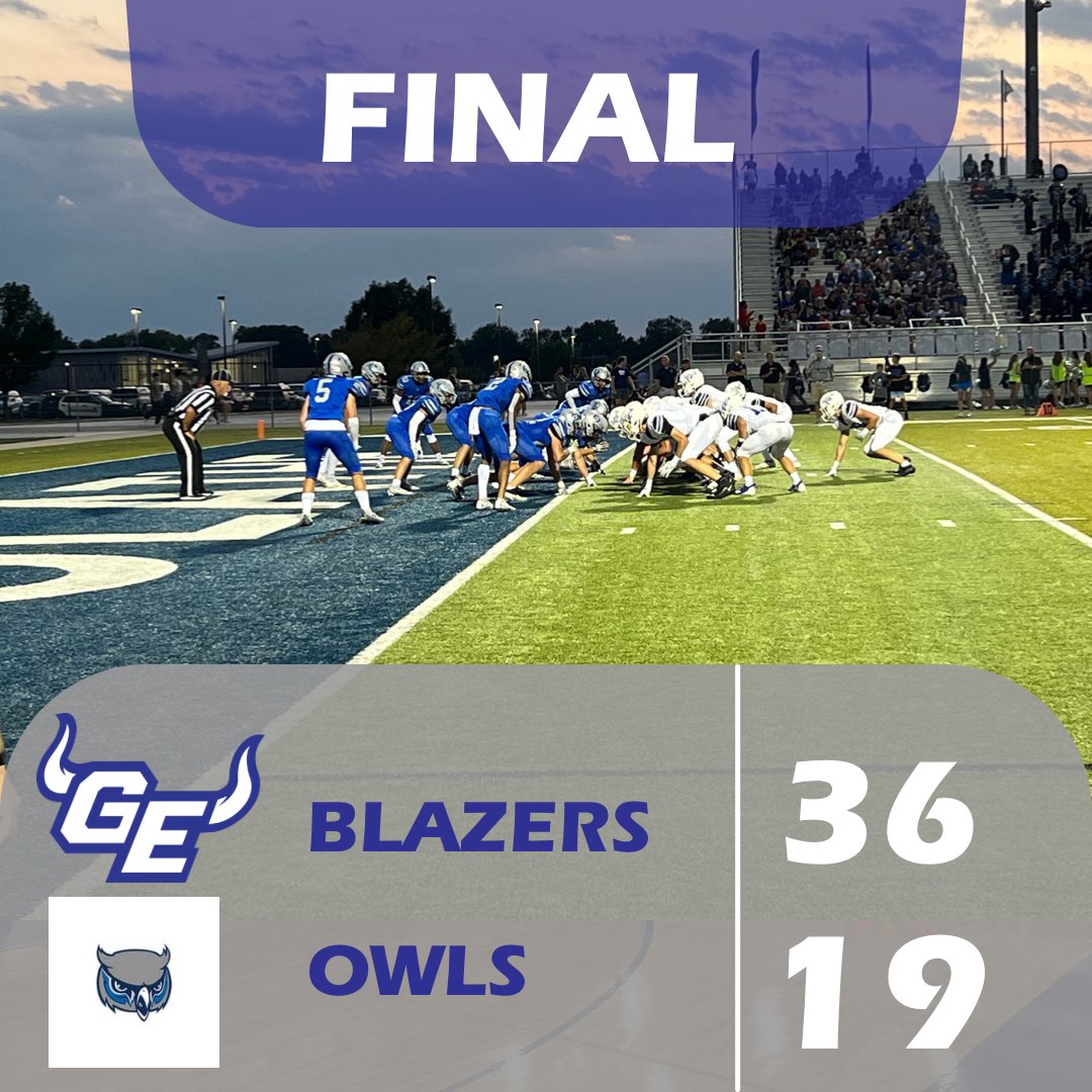 The Blazers move to 3-0 with a win against a good Olathe West team <a href="/OlatheWestOwls/">Olathe West High</a> <a href="/geblazersfb/">Blazer Football</a> <a href="/bellfgehs/">Frank Bell</a> @ADPeaveyGEHS <a href="/GEHSBlazers/">Gardner Edgerton High School</a> <a href="/SFLLeagueKS/">Sunflower League</a>