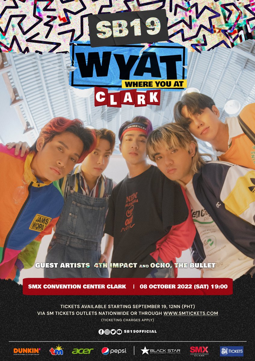 SB19Official's tweet photo. CLARK A'TIN! WHERE YOU AT? 🌎

Mustá naka? Join us as we bring our #WYATTour at the SMX Convention Center on October 8, 2022 - 19:00 PHT.

Tickets are available starting September 19, 12NN. Stay tuned for more info. See you there!

#WYAT #WYATTourClark
#WhereYouAtSB19 https://t.co/807zCu4iW5
