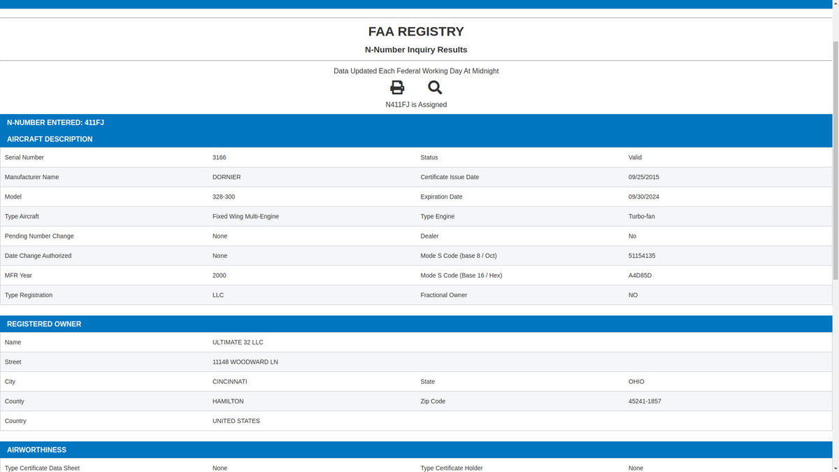 steffanwatkins's tweet image. 🇺🇸 American-registered Dornier 328-300 N411FJ, owned by Ultimate 32 LLC, flew on 2022-09-14 from Charlotte NC #KCLT to #LacklandAFB #KSKF San Antonio TX. It departed Bob Sikes Airport 2022-09-14 15:30Z. The #FAA should want a word with them, their transponder is, at best, faulty.