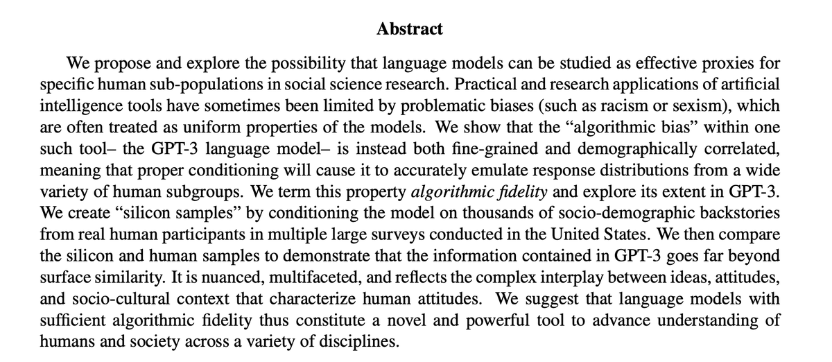 Andrew Carr (e/🤸) (@andrew_n_carr) on Twitter photo Can we use GPT-3 to better understand human preferences? It was trained on the internet after all.
Really cool work from <a href="/lpargyle/">Lisa Argyle</a>, <a href="/davidwingate/">David Wingate</a>, <a href="/ChrisRytting/">Chris Rytting</a>, and team
arxiv.org/abs/2209.06899 Can we use GPT-3 to better understand human preferences? It was trained on the internet after all.
Really cool work from <a href="/lpargyle/">Lisa Argyle</a>, <a href="/davidwingate/">David Wingate</a>, <a href="/ChrisRytting/">Chris Rytting</a>, and team
arxiv.org/abs/2209.06899
