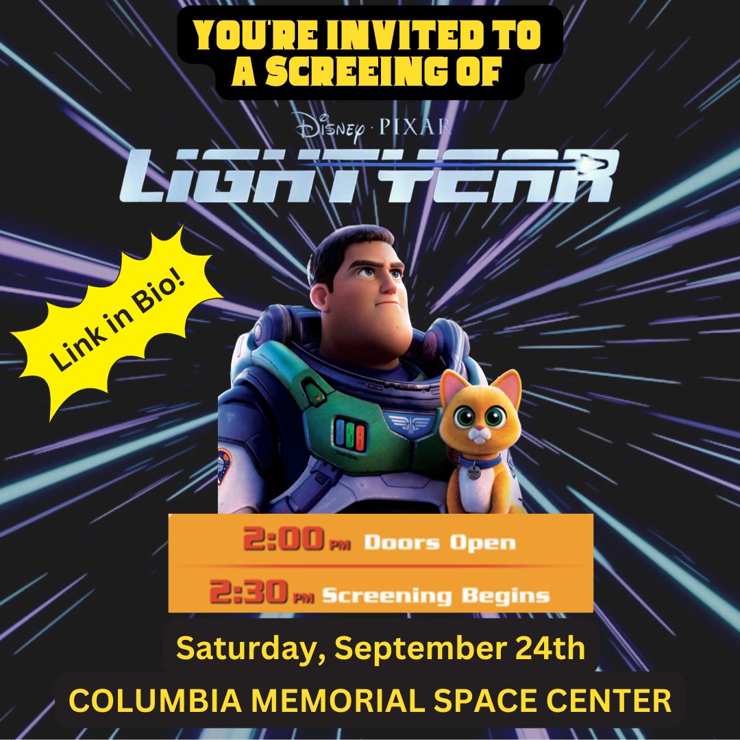 Join us for a special screening of Disney & Pixar’s ‘Lightyear’ at the Space Center🚀 Guests are welcome to come earlier for our Girls In STEM Fair! 10AM-1PM! Light snacks, beverages, & gift bags will be provided! Register below! 🔗Space is limited❗️ docs.google.com/forms/d/e/1FAI…