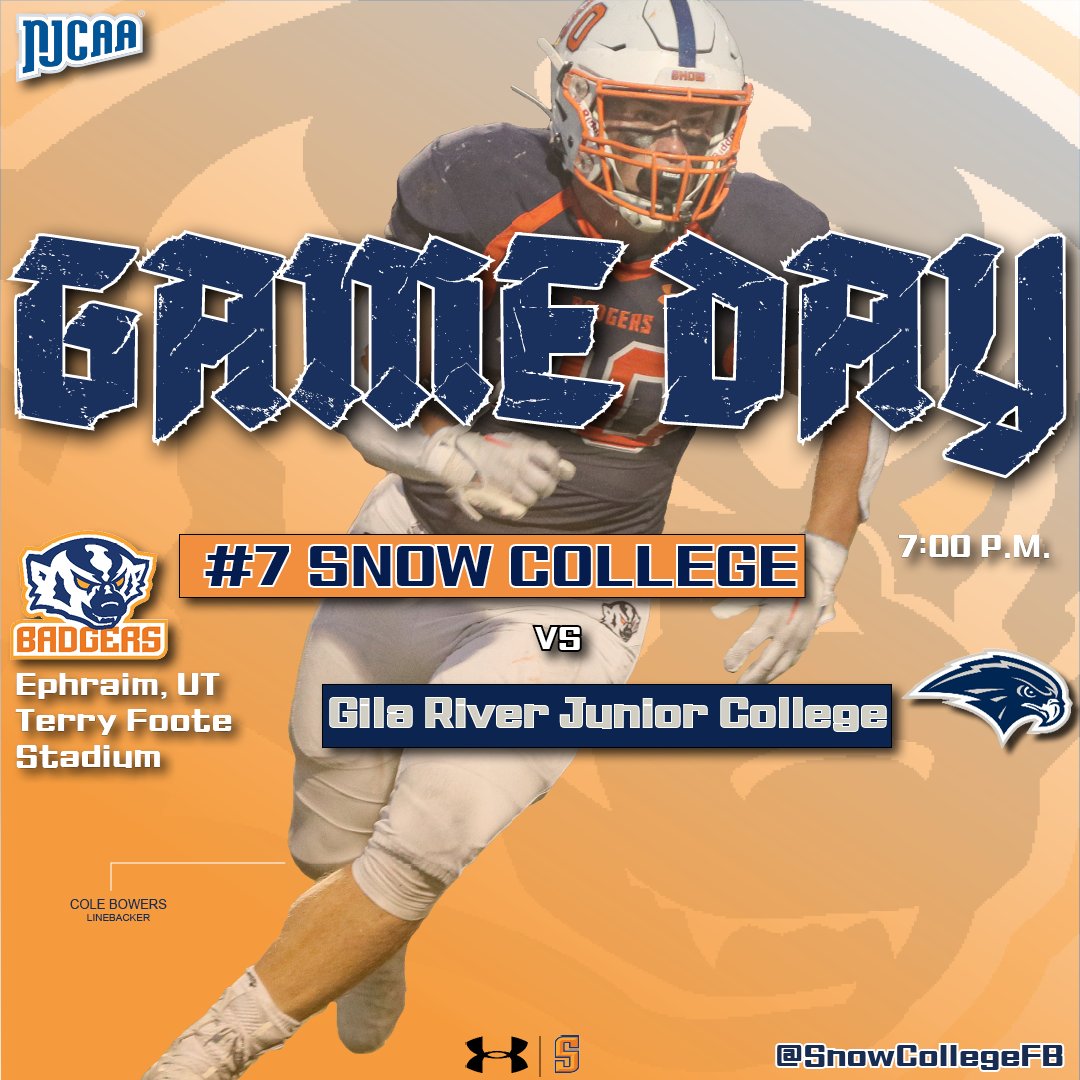 SnowCollegeFB's tweet photo. 🏈🏈 GAME DAY 🏈🏈
🆚: @GilaRiverHawks
📍: Ephraim/Terry Foote Stadium
⏰: 7:00 p.m.
📺: https://t.co/fvuPJeVLL5
📻: https://t.co/72tdIkNcTm
📊: https://t.co/oybj4VDAcc
🎟️: https://t.co/UMrs8v4skt

#SnowCollegeBadgers #SnowFB https://t.co/HvwKzmEE7N