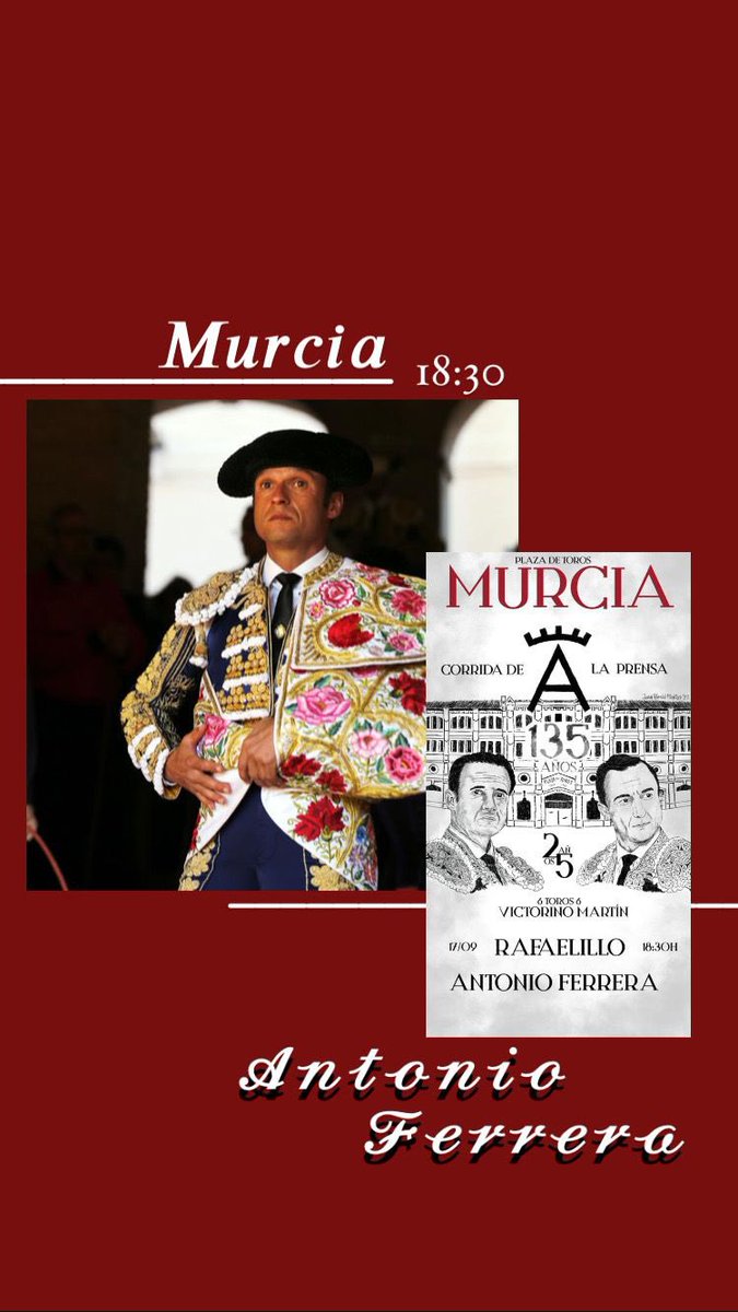 📌📆 Ya estamos en Murcia‼️

🏟 Acontecimiento, gran mano a mano!!

🔹<a href="/RRRafaelillo/">Rafaelillo</a> 
🔹<a href="/ferrera_torero/">Antonio Ferrera</a> 

🐂🐂🐂🐂🐂🐂
🔹<a href="/victorinotoros/">Victorino Martin</a> 

🍀