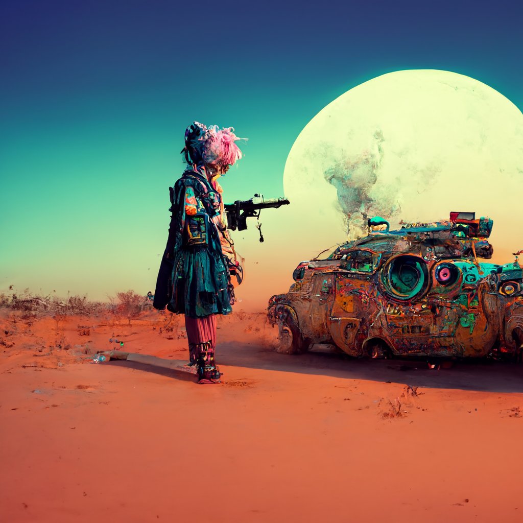 PeaceMatt's tweet photo. Midjourney Bot,PeaceMatt - AI Generated ART !!!! made via my request not by my hand!!! #midjourney #imagineanything #artificiallycreated #midjourney #visualexperimentation **wide angle, tank girl character blowing a kiss  pointing gun at kangaroo, cyberpunk style , blue green hai https://t.co/wcmssu2Mvv