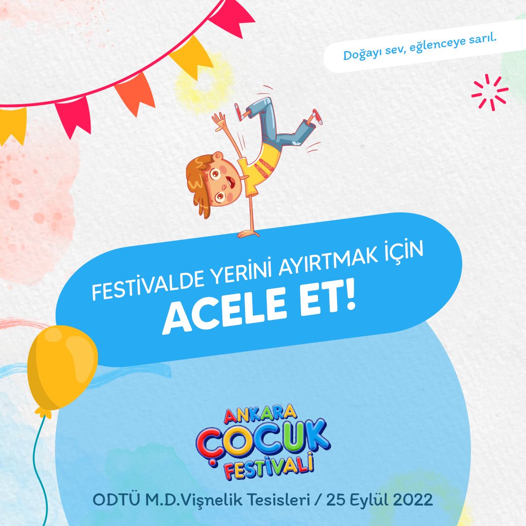 Minikleri, onlarca atölye etkinliği ve konserle buluşturan Ankara Çocuk Festivali'nde yerini ayırtmak için elini çabuk tut!
⏳⏳‼️
🗓️25 Eylül / 15.00 - 15.45 
📍ODTÜ M.D. Vişnelik Tesisleri
🎟️Biletler <a href="/biletix/">Biletix</a> ve <a href="/biletinial/">Biletinial</a>’da

#doğayıseveğlenceyesarıl 
#çocuklaçocukolanfestival