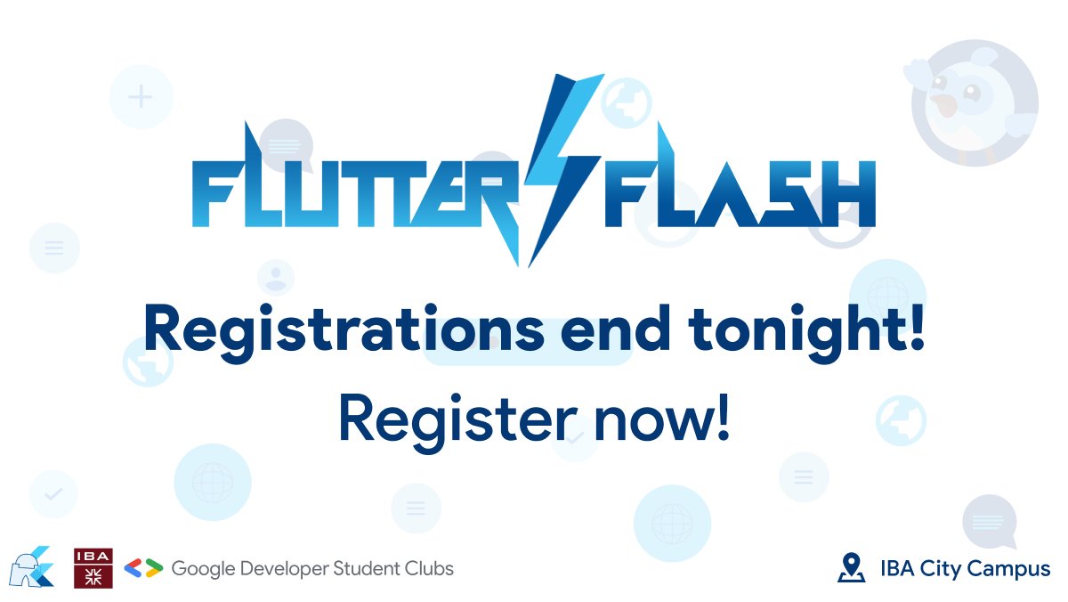 FlutterKarachi's tweet photo. REMINDER FOR ALL!! ⏳
Only one day left to get yourself registered for Flutter Flash⚡️Register now and don't miss the chance to be a part of this grand Flutter event!
Registration link: https://t.co/mVqoKEkvBC
#FlutterFlashKarachi https://t.co/i04UgQfJ4W