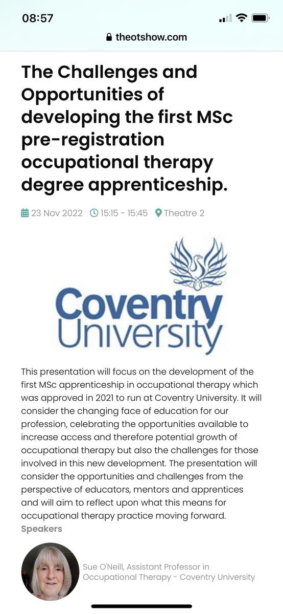 KimStuartOT's tweet photo. Looking forward to the #OTshow sharing our experiences of delivering the first #MScOT #apprenticeships @CU_HLS @CovUniOT @sueoneillcovuni @LouiseSewell_OT https://t.co/Y4Zzo4aiBR