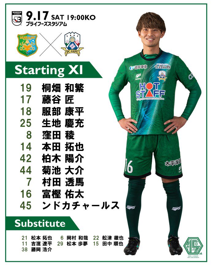 Fc岐阜 J3リーグ第25節 ヴァンラーレ八戸 9 17 Sat 19 00ko プライフーズスタジアム 八戸戦に臨むメンバーの発表 Dazn でｆｃ岐阜を応援しよう T Co 3yiplyhuhb Fcgifu ｆｃ岐阜 全員が新化 広報 T Co Lwxj9zf14p