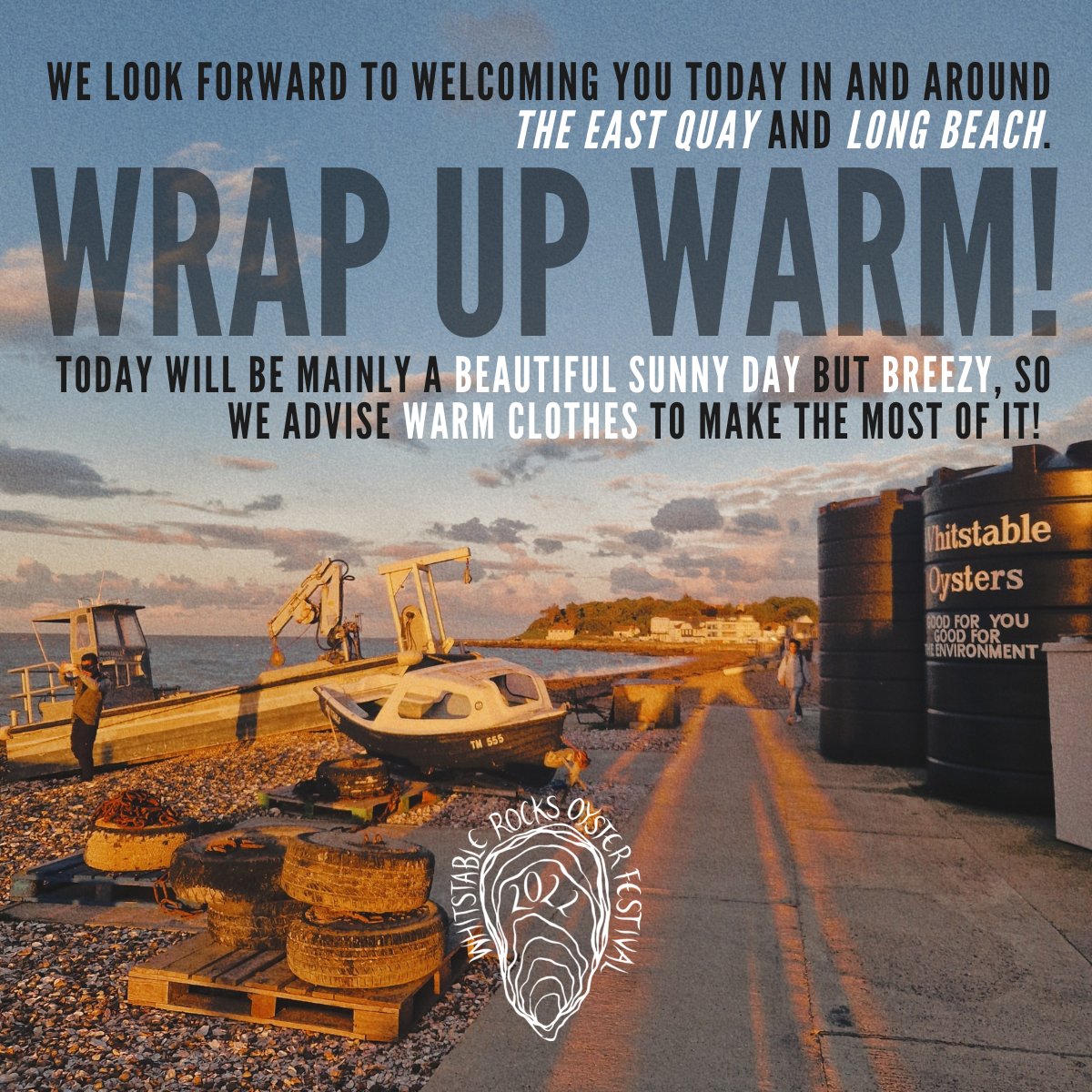WROysterFest's tweet photo. Good Morning Whitstable! 
We look forward to bringing you a day oyster-packed full of activities, fun, music, food &amp; merriment. 
The weather is absolutely beautiful today but a little breezy so to make the most of your day we advise you to wrap up warm! #wroysterfest #whitstable https://t.co/7czDwiigEU