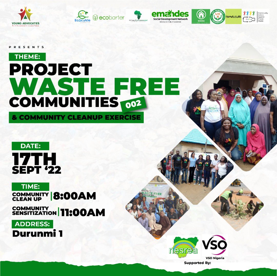 EmandesSDN's tweet photo. @fam4future @YASIFnigeria @AEA_Initiative @CapwsInitiative @ecocykle @lifthumanity1 @aliyusadiq_gky @FMEnvng @dheenylkhair @digitalmamabola @environheroes @environewsng We are excited to be collaborating with both National and international partners to commemorate the world clean up day. #worldcleanupday2022 #sdgs13 #savetheplanet https://t.co/JbaEGJiKPc