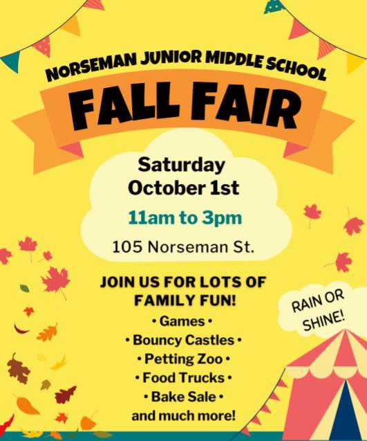 See you tomorrow! 
The Norseman Fall Fair is Back! Please join us on October 1st. 
<a href="/NorsemanTweet/">Norseman JMS</a> <a href="/NjmsCouncil/">Norseman SAC</a> <a href="/ErinAltosaar/">Erin Altosaar</a> <a href="/NunziataPatrick/">Patrick Nunziata 🇨🇦</a> <a href="/Mark_Grimes/">Mark Grimes</a> <a href="/tdsb/">Toronto District School Board</a> <a href="/LC4_TDSB/">Learning Centre 4</a>