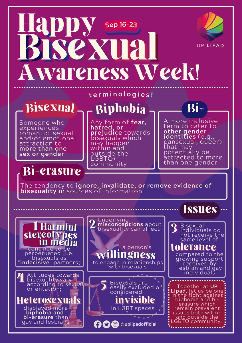 uplipadofficial's tweet photo. It’s Bisexual Awareness Week, mga ague! 

Together at UP Lipad, let us be one in the fight against biphobia and bi-erasure which remain prevalent issues both within and outside the LGBTQ Community.

#UPLipad 
#SOGIEEqualityNow https://t.co/68WN1VjpVY