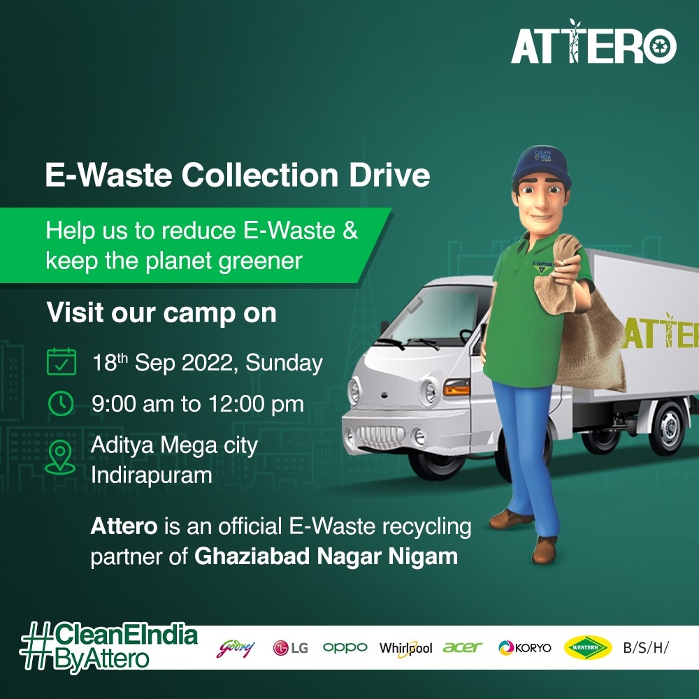 AtteroIndia's tweet photo. #CleanEIndia #Ewaste collection drive will be held in #Ghaziabad at Aditya Mega City, Indirapuram. So, hand over your old #Electronics to us.
We will ensure environment-friendly #Recycling and disposal of the same.
#Attero #savethedate #CleanEIndiaByAttero #eWasteCollectionDrive https://t.co/7eJIzBbrMM