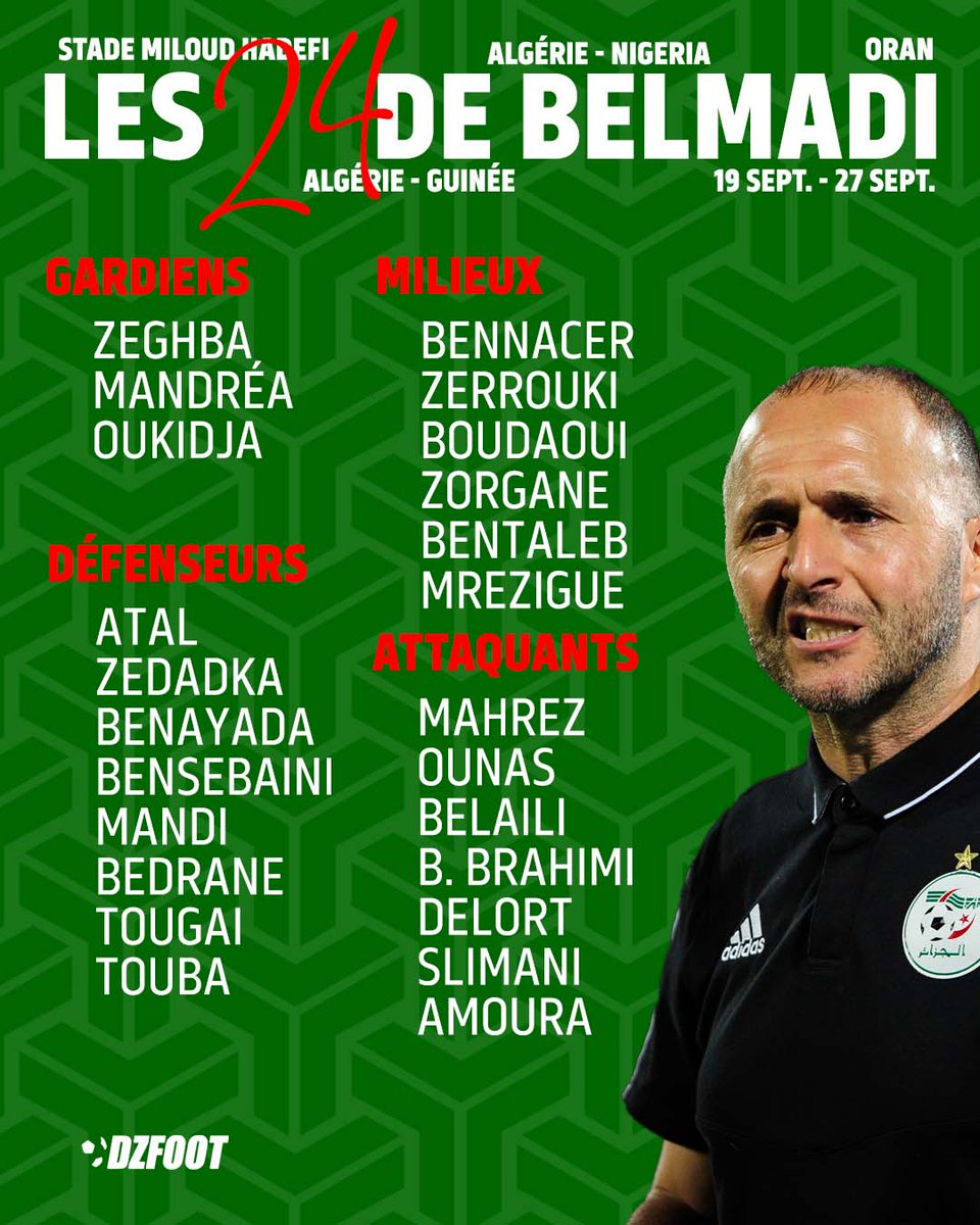 DZfoot's tweet photo. ⚽️🇩🇿 Voici la liste de l’Algérie pour les doubles confrontations contre le Nigeria et la Guinée ! Djamel Belmadi a convoqué 24 joueurs avec des absents majeurs, mais quelques nouveautés 👌🏾 #TeamDZ 

Qu’en pensez-vous ? https://t.co/oUJ7R1q5xi